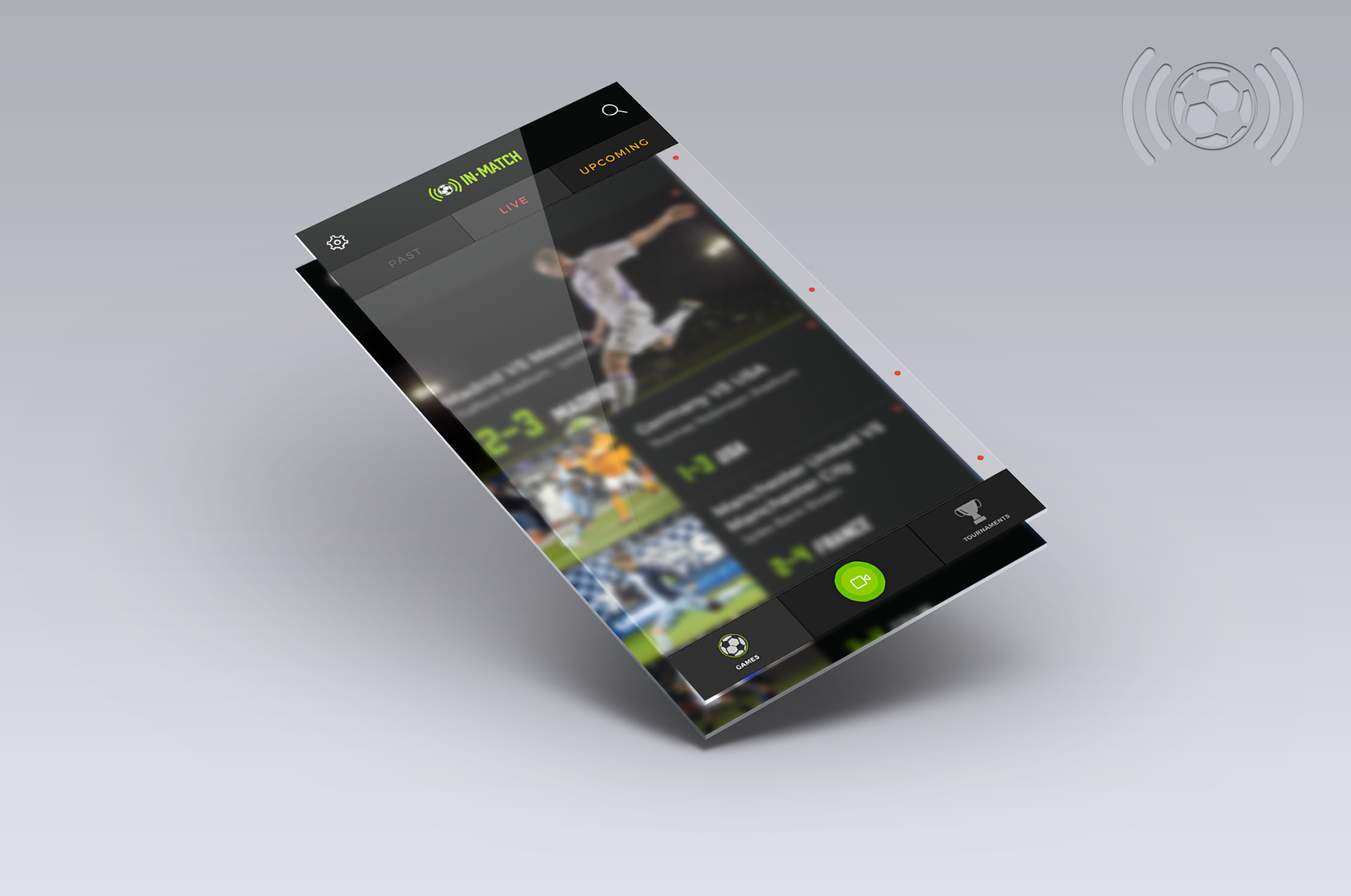 InMatch Sports match experience presented as a layered mobile interface